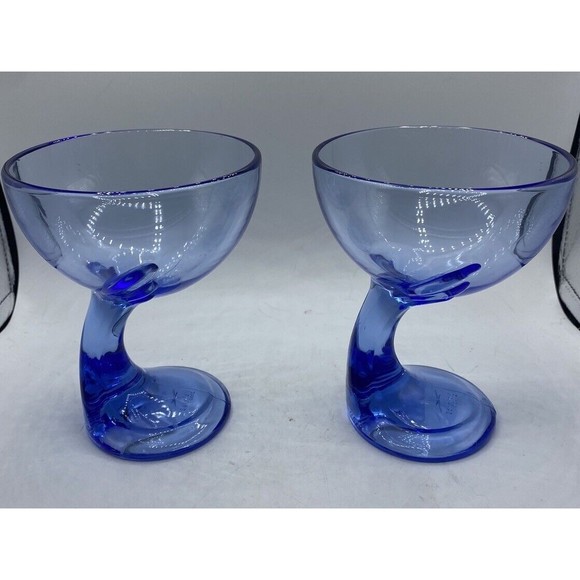 Set Of 2  Bormioli Rocco Italy Jerba Blue Glasses Goblets Curved Stem Offset - Picture 3 of 6